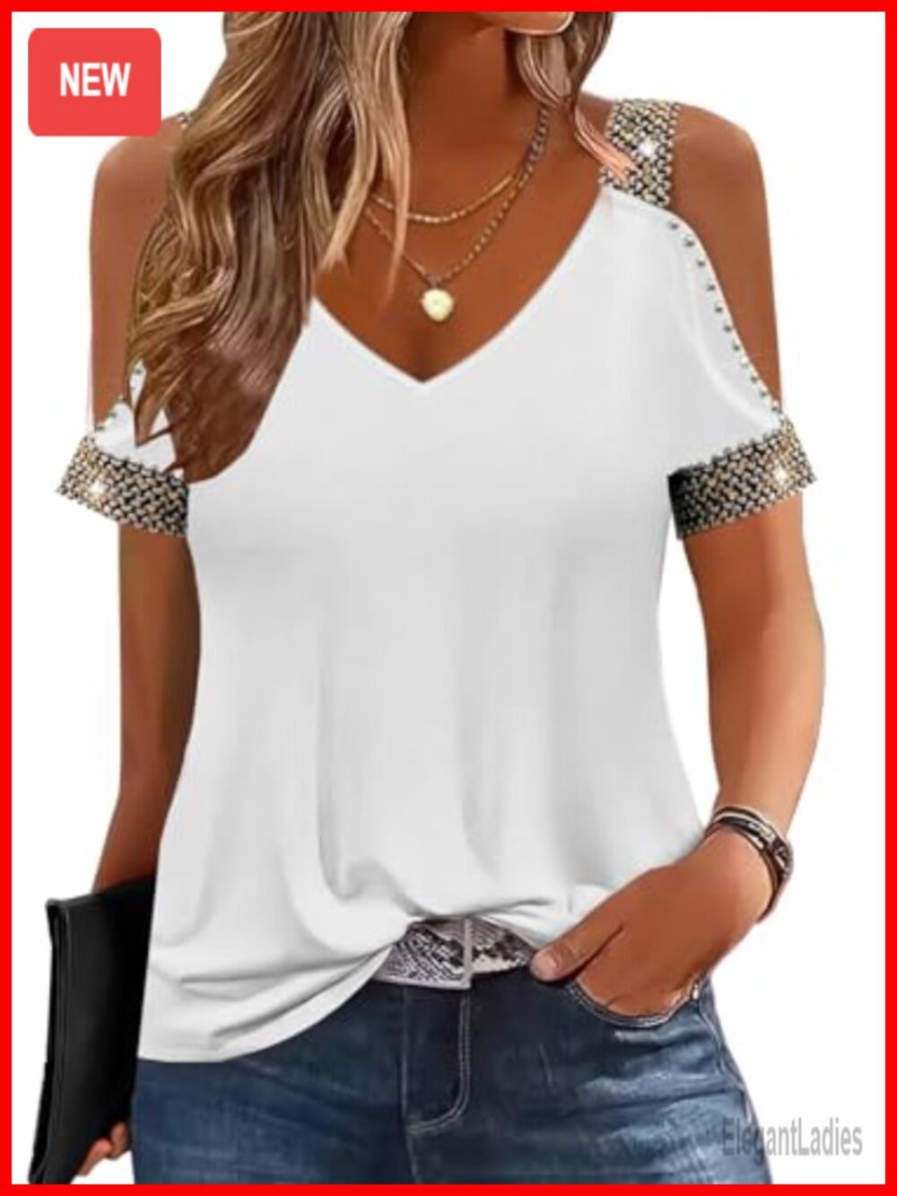 Women's Cold Shoulder Sequin V-Neck Short Sleeve Tee Casual Loose Fit